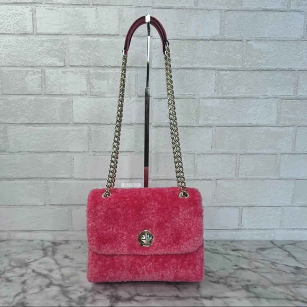 Kate Spade Natalia Pink Faux Fur Small Flap Shoulder Bag Crossbody